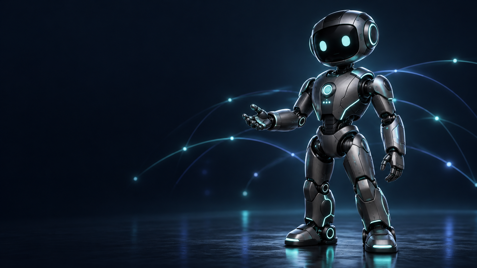 Robot z turkusowymi światłami na tle połączeń sieciowych